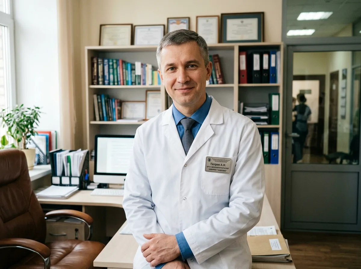 Мужчина-нарколог средних лет в белом медицинском халате с именным бейджем, уверенный взгляд, кабинет клиники на фоне, атмосфера профессионализма и надёжности